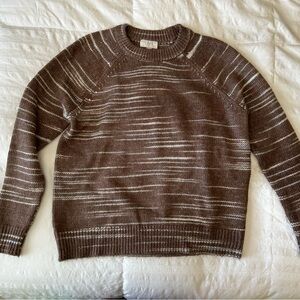 LOFT Women’s Brown with Cream and Blue Striped Crewneck Sweater